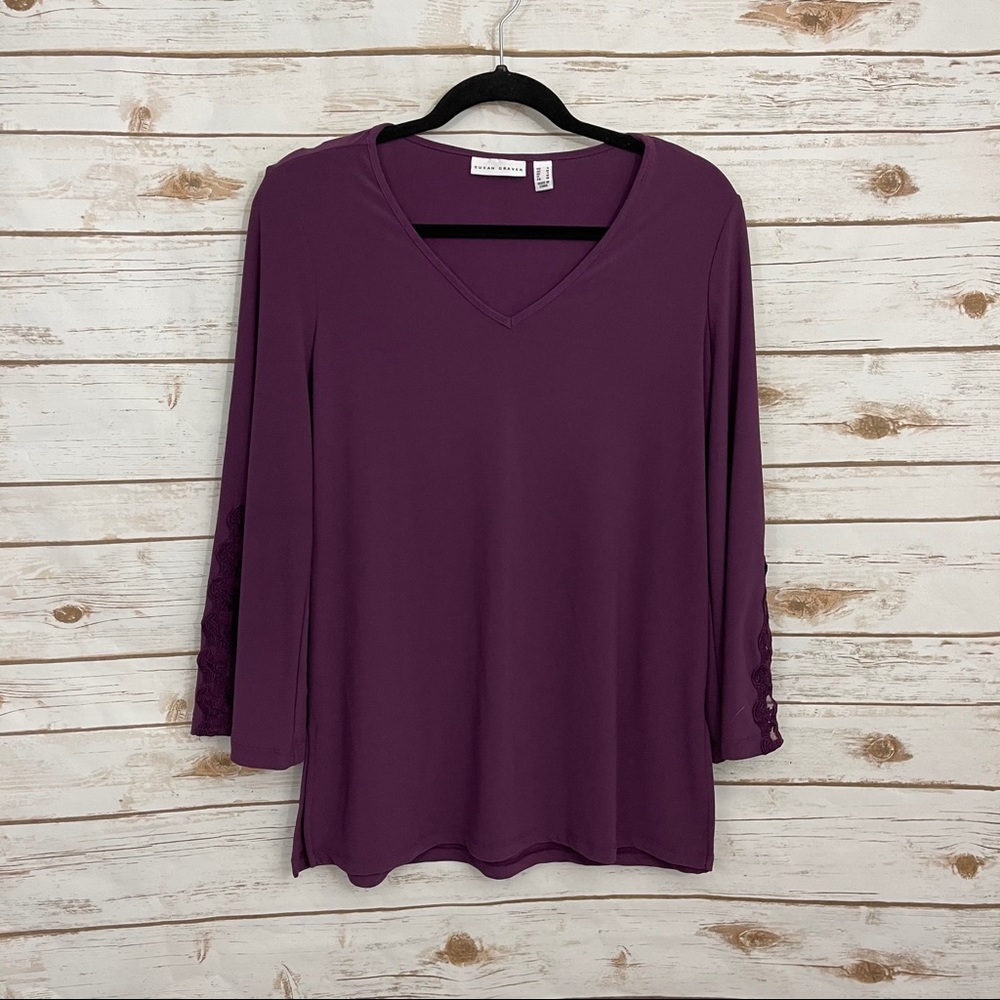 Susan Graver Purple VNeck Lace Split Sleeve Blouse